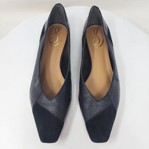 Sam Edelman Catalina Flat Women 10 Black Leather Suede Snake Emboss Square Toe - Picture 3 of 12